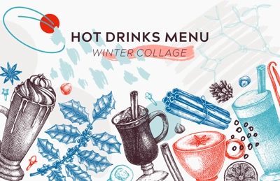 Hot drinks menu design. Mulled wine, coffee, hot chocolate, cocoa vector sketches. Christmas design template. Winter drinks and sweets frame template. Trendy food background in collage style